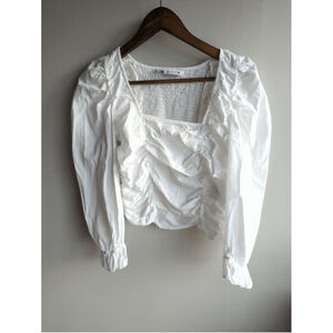 Zara White Cottagecore Square Neck Women's Rushed Back Top Small Milkmaid Boho